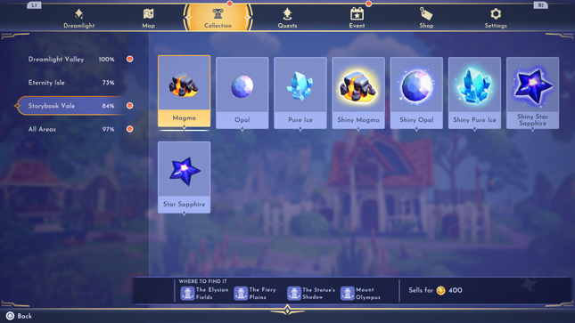 A screenshot of the Disney Dream Valley menu showing Magma.